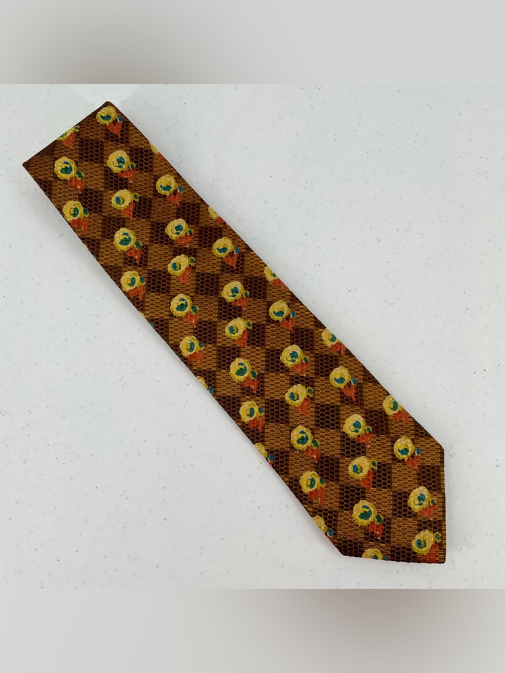 Ermenegildo Zegna Two Tone Brown Background Yellow Blue Orange Floral Silk Tie